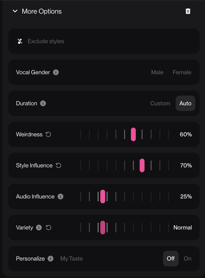 Suno's More Options panel showing the fixed slider values used in every test generation
