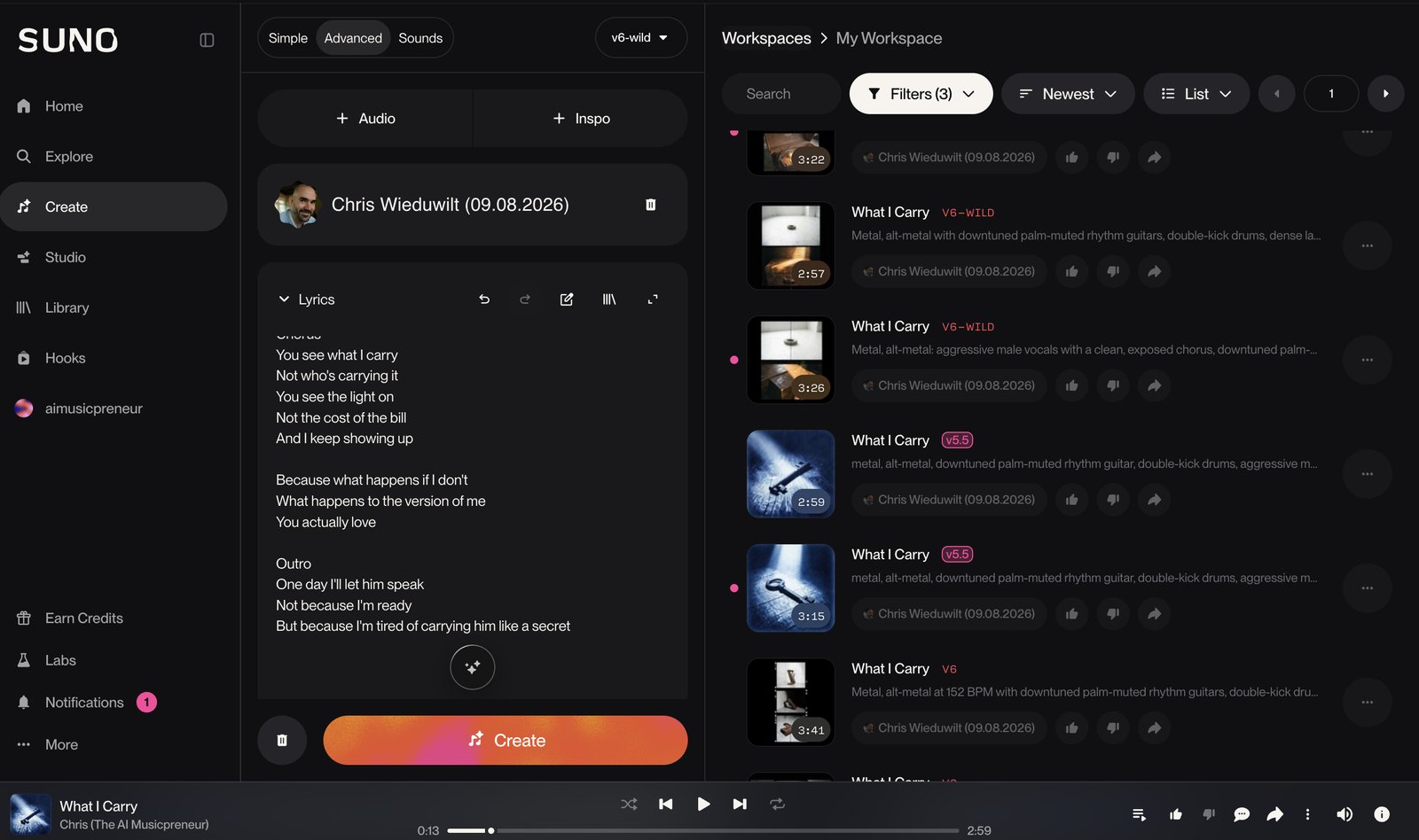 Suno's Create page with v6-wild selected and the metal test clips from v6-wild, v5.5 and v6 listed