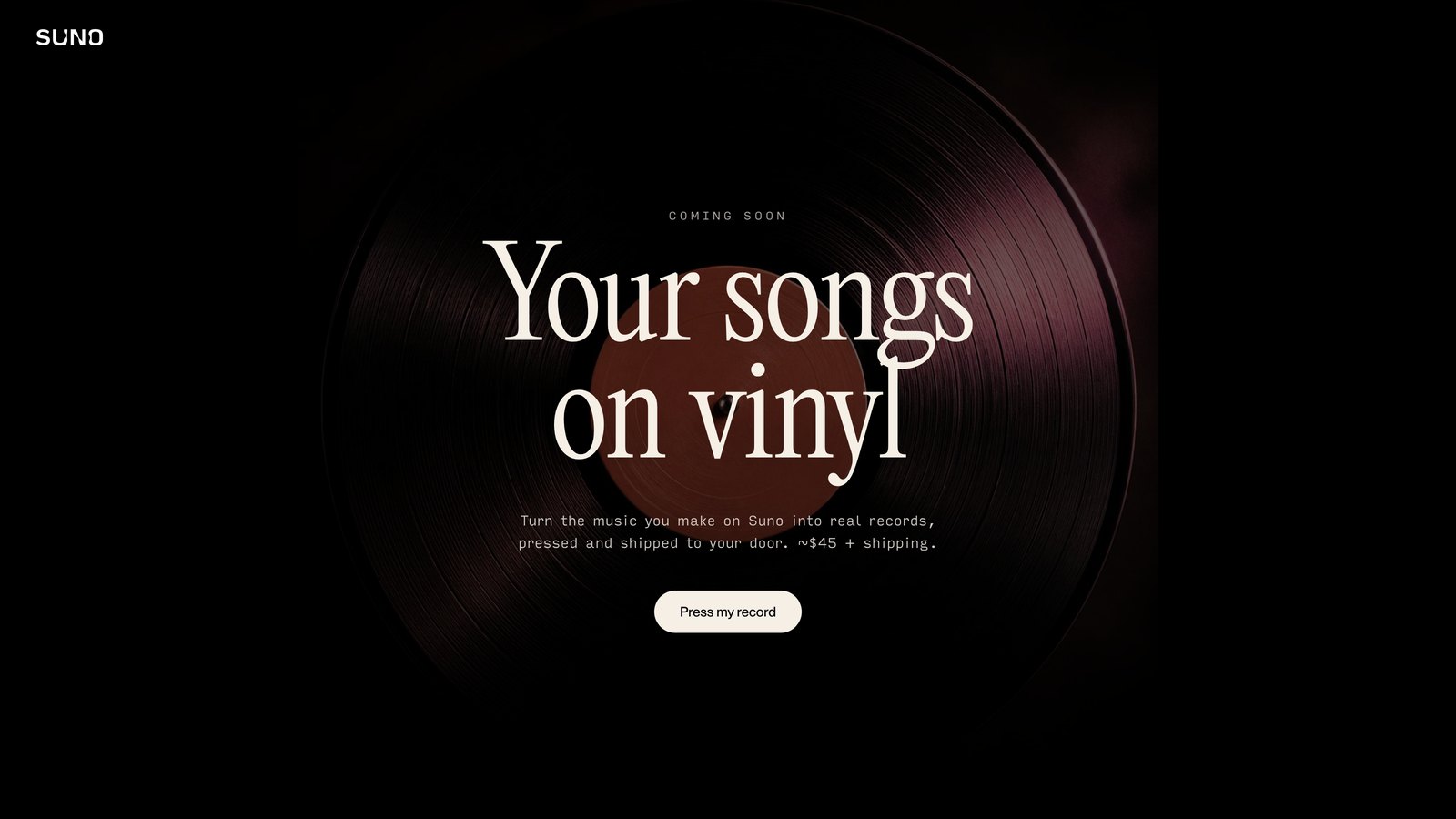 The Suno Vinyl waitlist page reading 'Your songs on vinyl' over a close-up of a pressed record