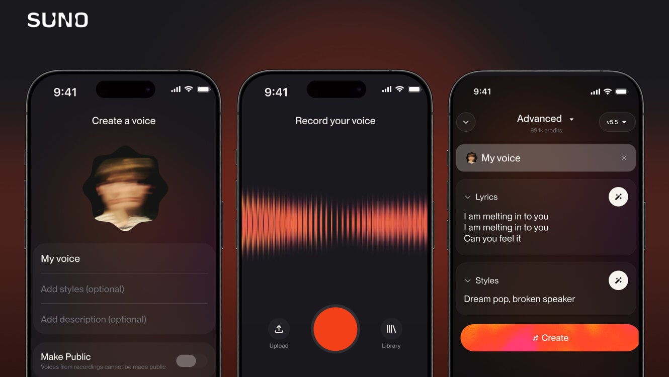 Three Suno mobile app screens showing voice creation, recording, and generating with My Voice