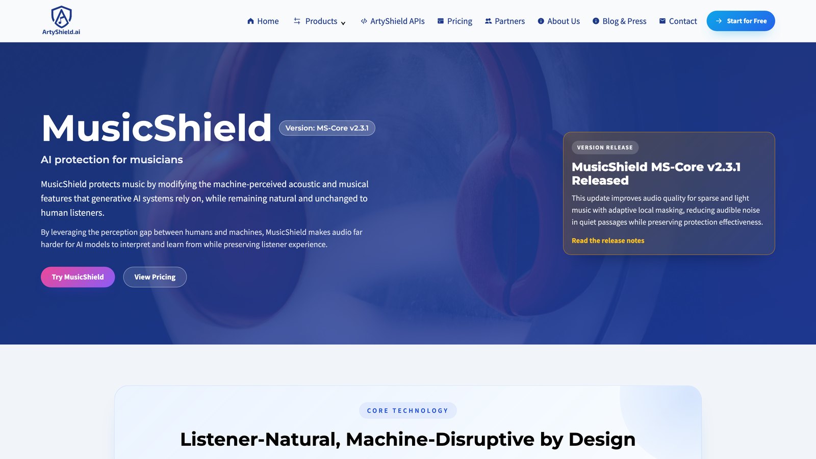 The ArtyShield MusicShield product page describing AI protection for musicians and the MS-Core v2.3.1 release