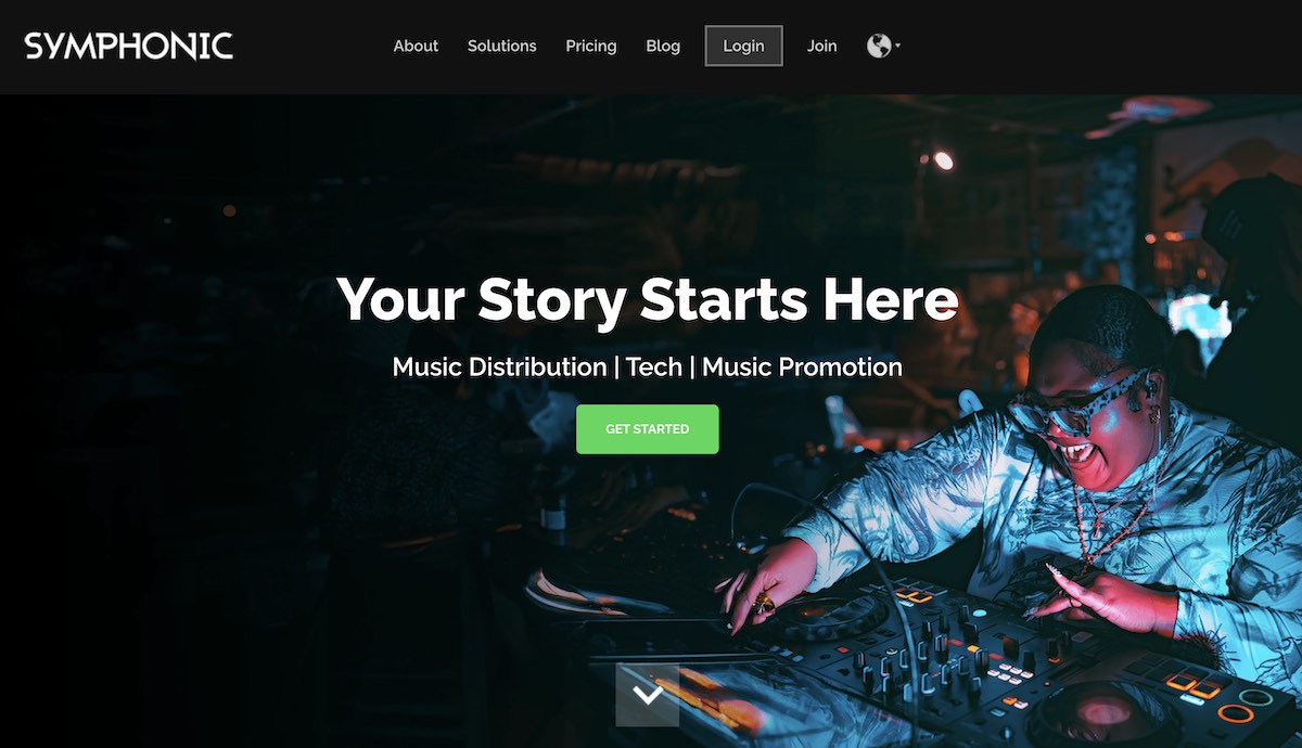 Symphonic's homepage headline Your Story Starts Here above its music distribution, tech and promotion tagline