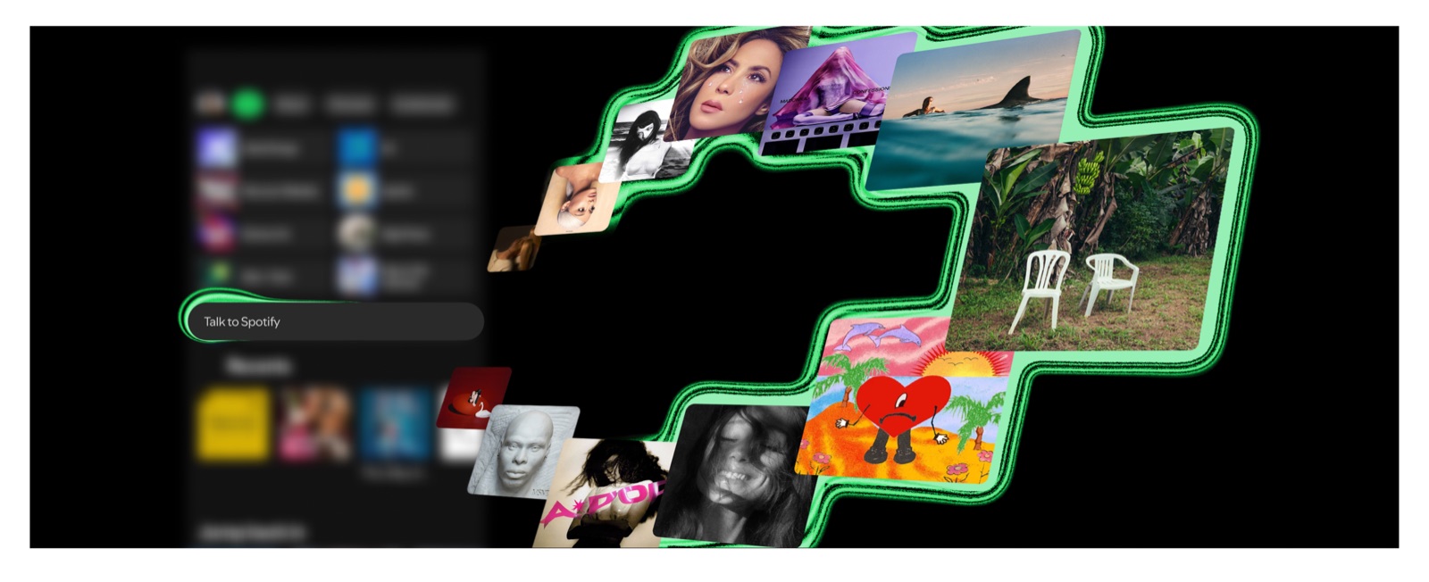 Spotify's Talk to Spotify prompt bar in the app surrounded by album artwork