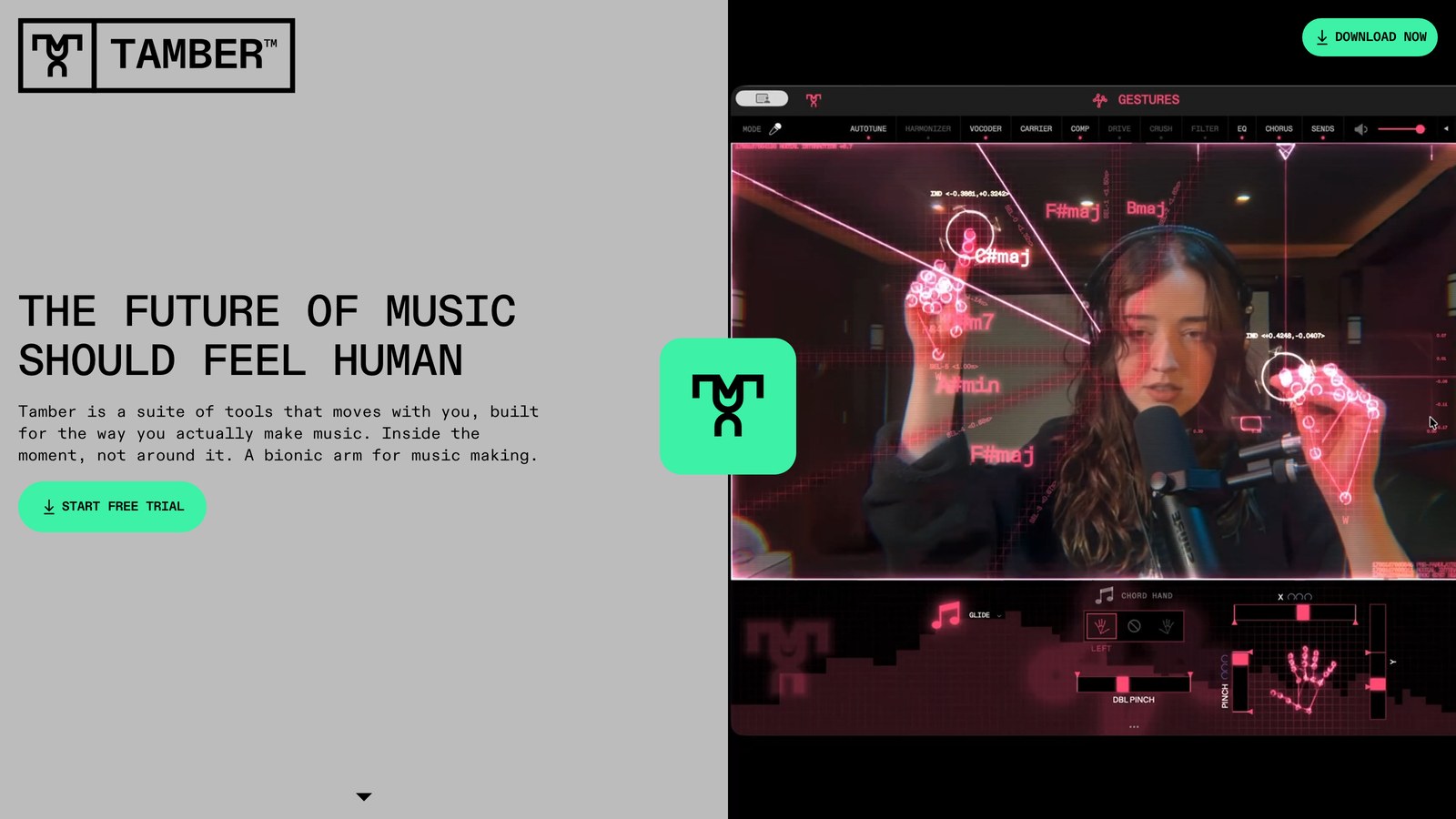 Tamber v2 site showing the Gestures app tracking a musician's hands to trigger chords