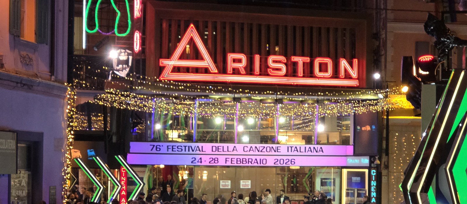 The Teatro Ariston in Sanremo lit up for the 2026 festival, home of the Sanremo Music Festival