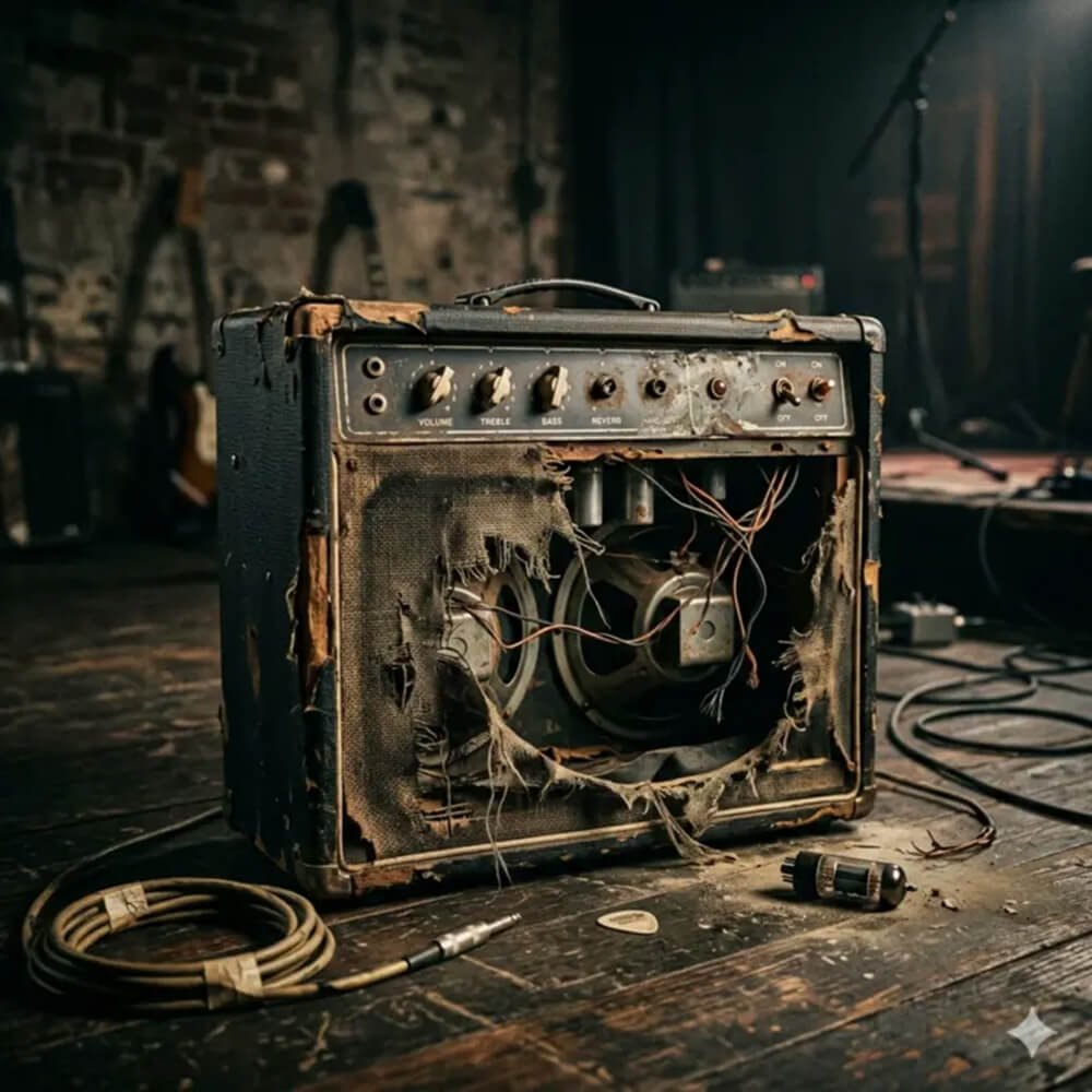 Artwork for THE MOTEL's March 2026 single Broken Amp, a worn guitar amp with a Gemini sparkle in the corner