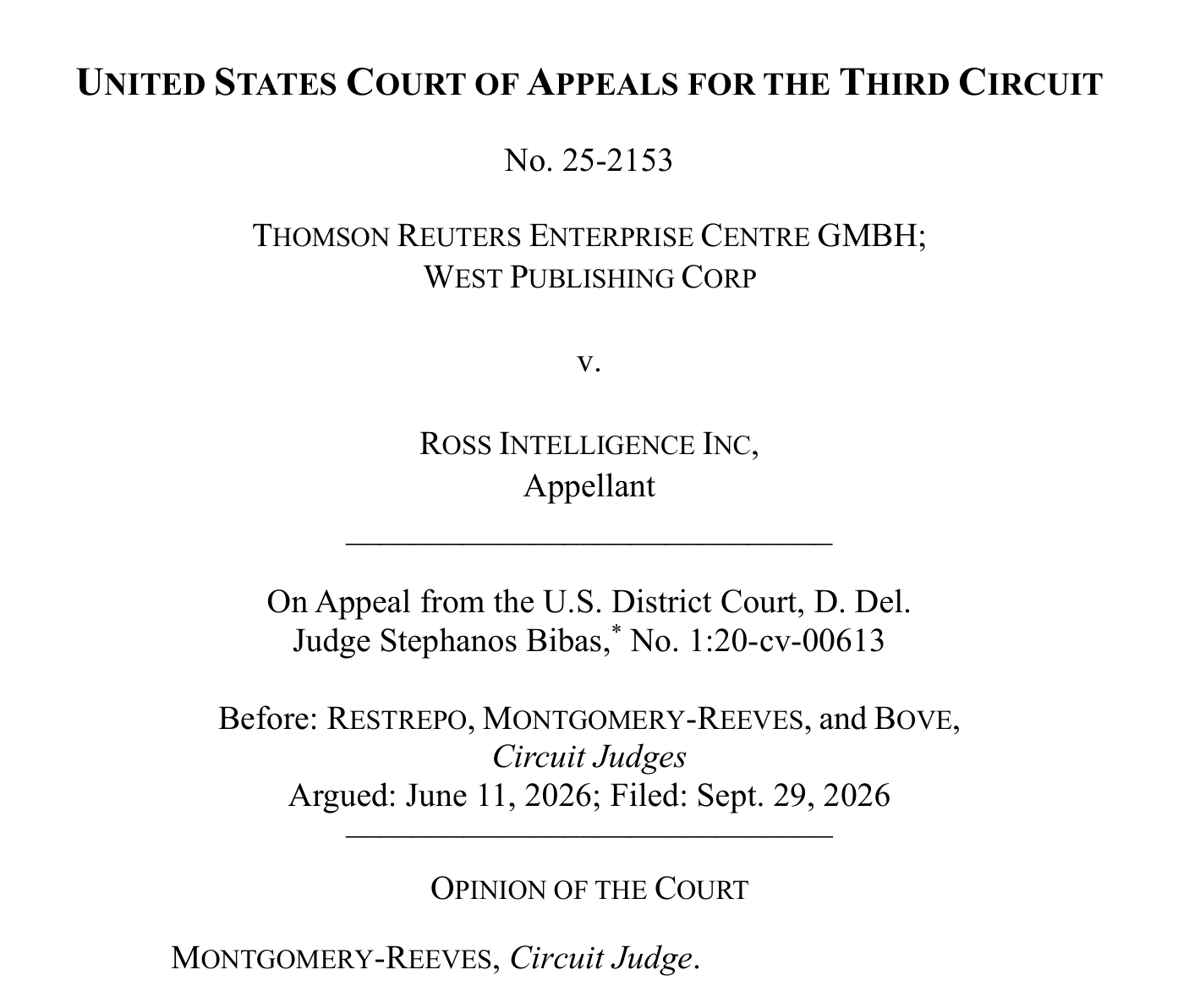 Caption page of the Third Circuit's Thomson Reuters v. ROSS opinion, filed September 2026