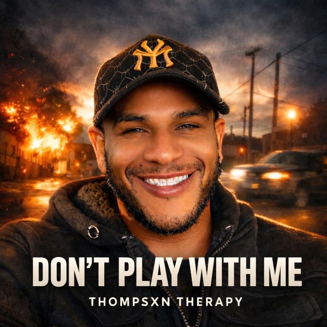 Single cover for 'DON'T PLAY WITH ME' by Thompsxn Therapy — an AI-generated image of a smiling man in a black New York Yankees cap against a burning street scene, with the title in bold white text.
