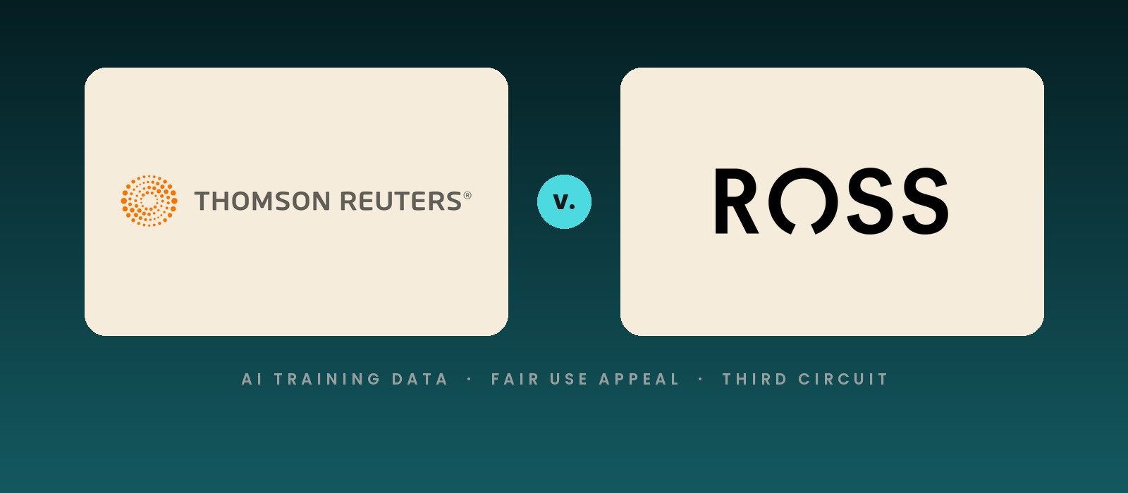 Thomson Reuters and ROSS Intelligence logos facing each other across a v. mark, for the Third Circuit AI training fair use appeal
