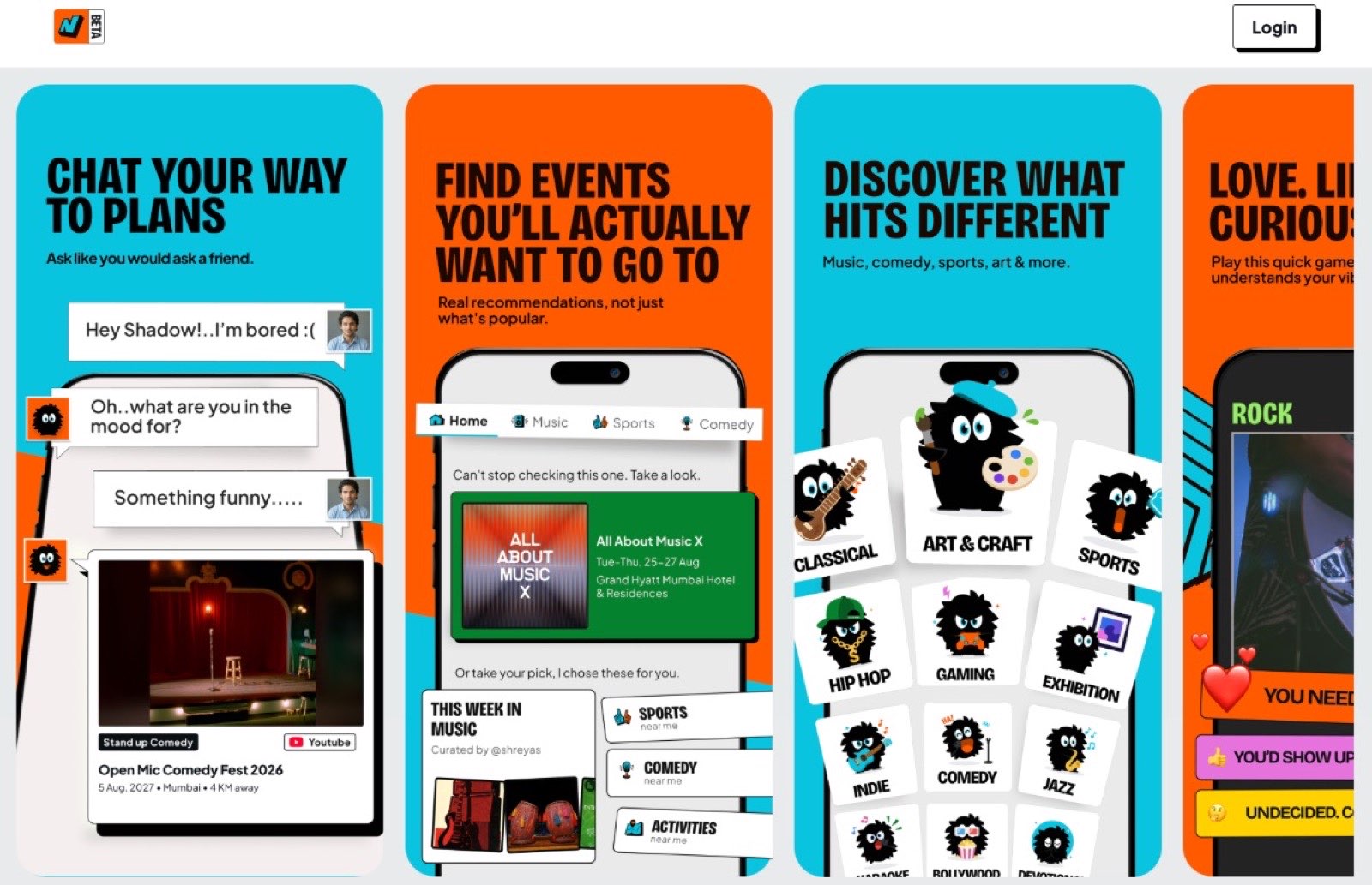 thumpN app screens showing the Shadow AI chat, an event feed, and the category picker
