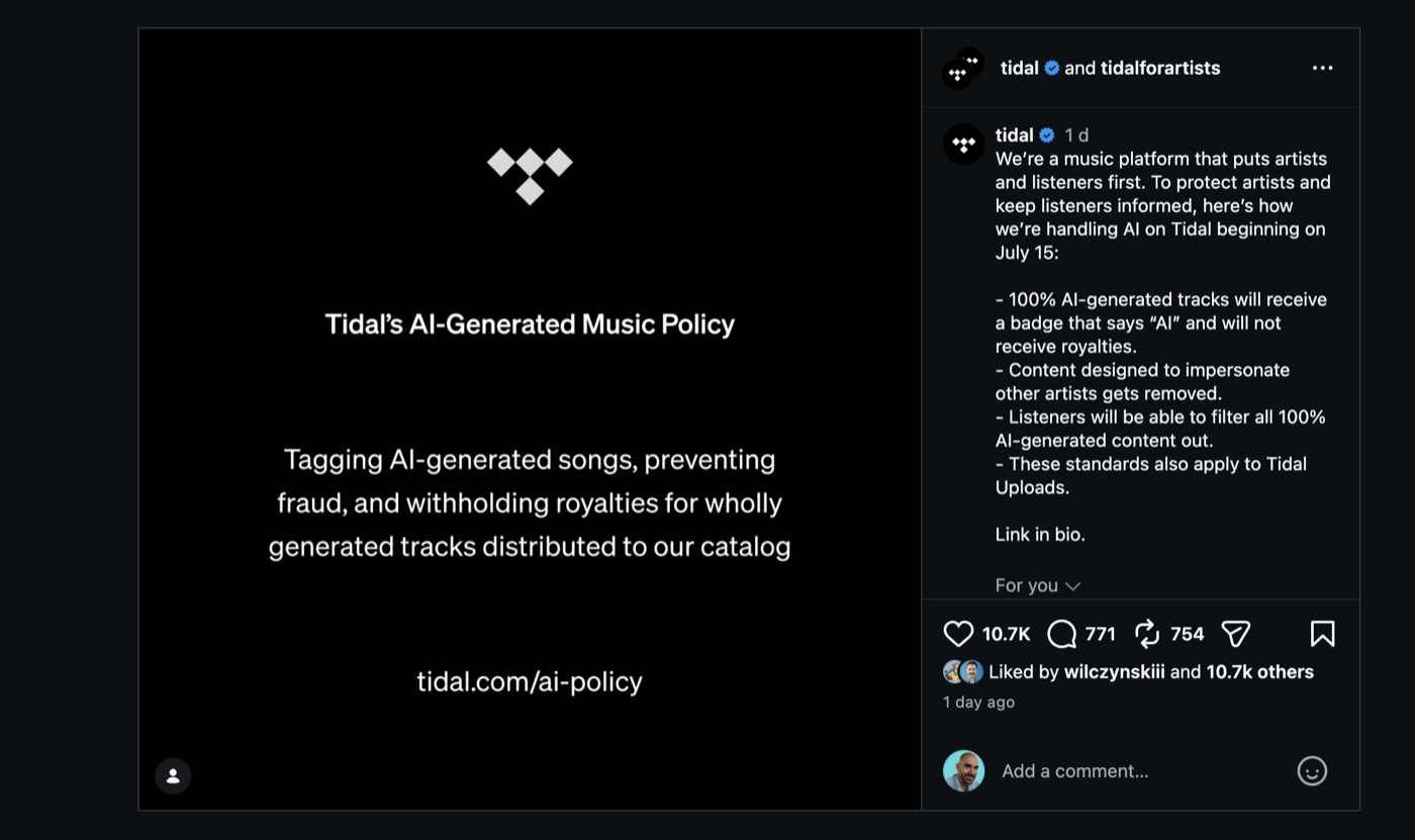 TIDAL's AI-Generated Music Policy announcement graphic with the TIDAL logo on a black background