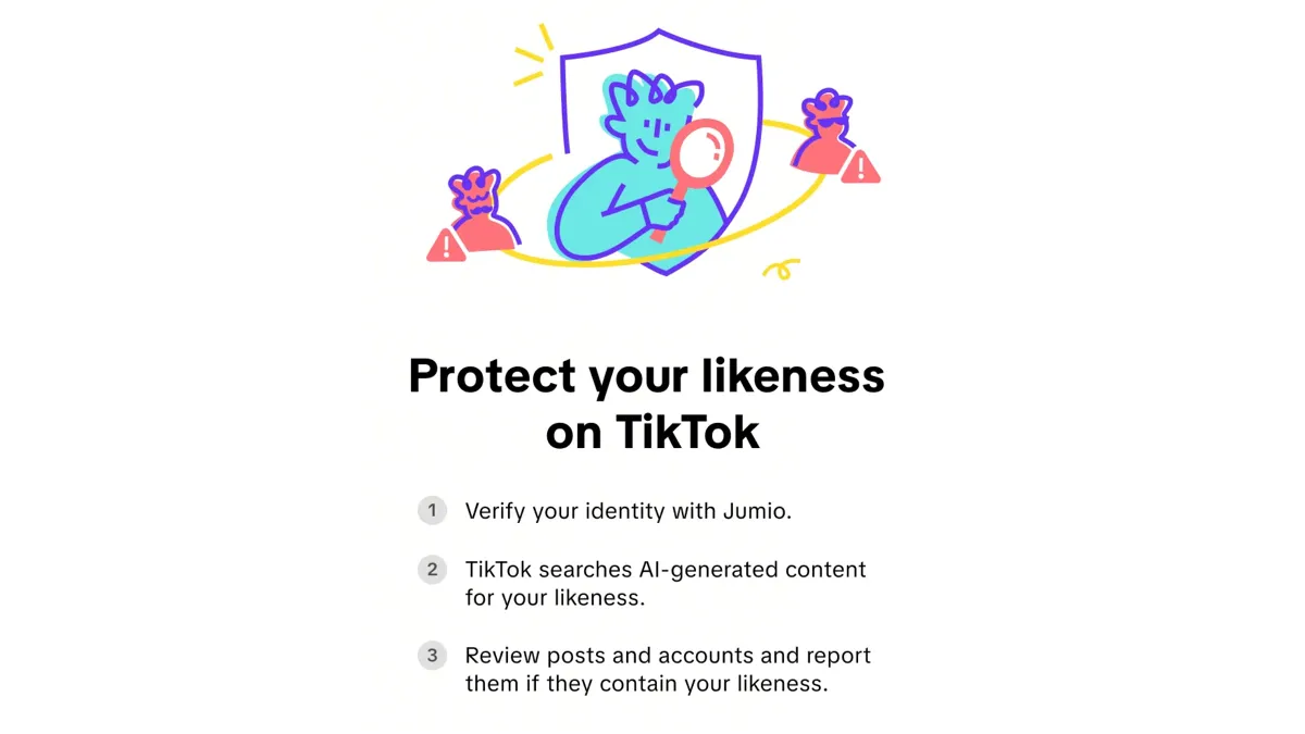 TikTok's Protect your likeness onboarding screen showing identity verification with Jumio and likeness review steps