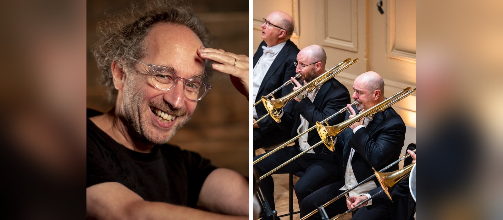 Composer Tod Machover beside Boston Symphony Orchestra trombonists ahead of the premiere of already and not yet