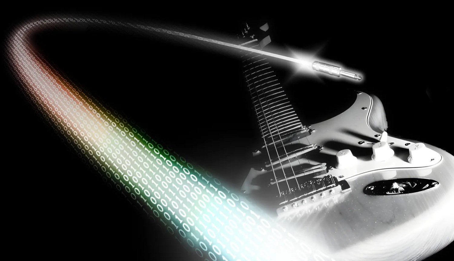 A white electric guitar with a stream of binary code flowing from its cable, illustrating TONE3000 neural amp modeling