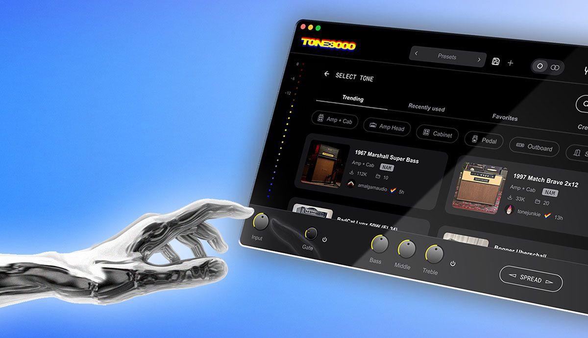 TONE3000 Plugin interface browsing trending NAM amp captures, with a chrome hand reaching toward it