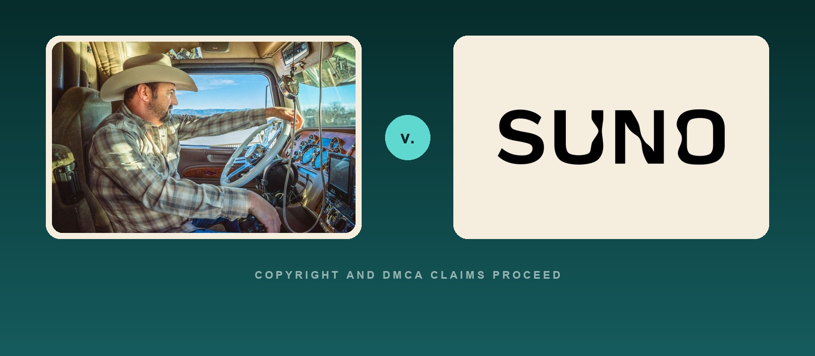 Country artist Tony Justice at the wheel of his truck beside the Suno logo, captioned copyright and DMCA claims proceed