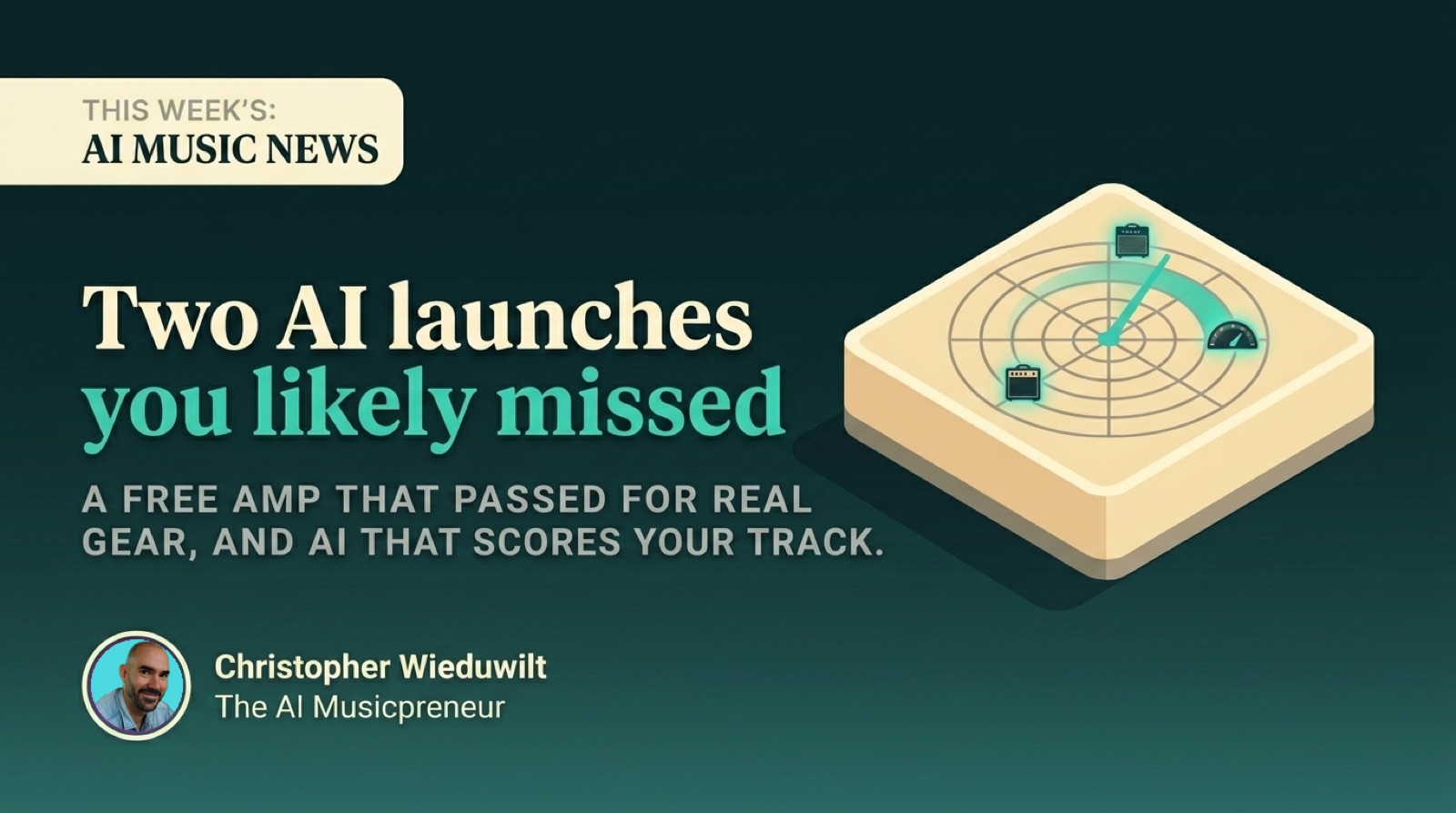 Top 5 AI Music News for June 1-7, 2026: a radar console with two glowing blips, headlined 'Two AI launches you likely missed.'