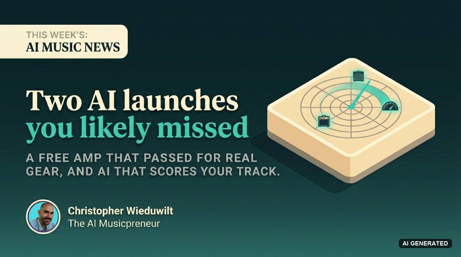 Top 5 AI Music News for June 1-7, 2026: a radar console with two glowing blips, headlined 'Two AI launches you likely missed.'