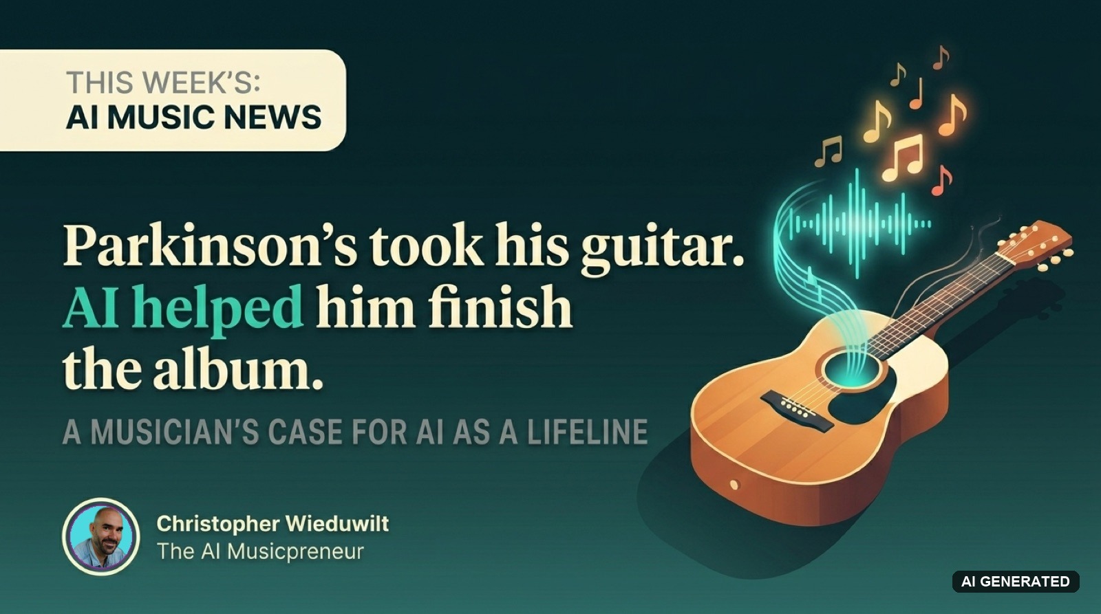 Top 5 AI Music News for May 25-31, 2026: an acoustic guitar with a glowing sound wave, headlined 'Parkinson's took his guitar. AI helped him finish the album.'