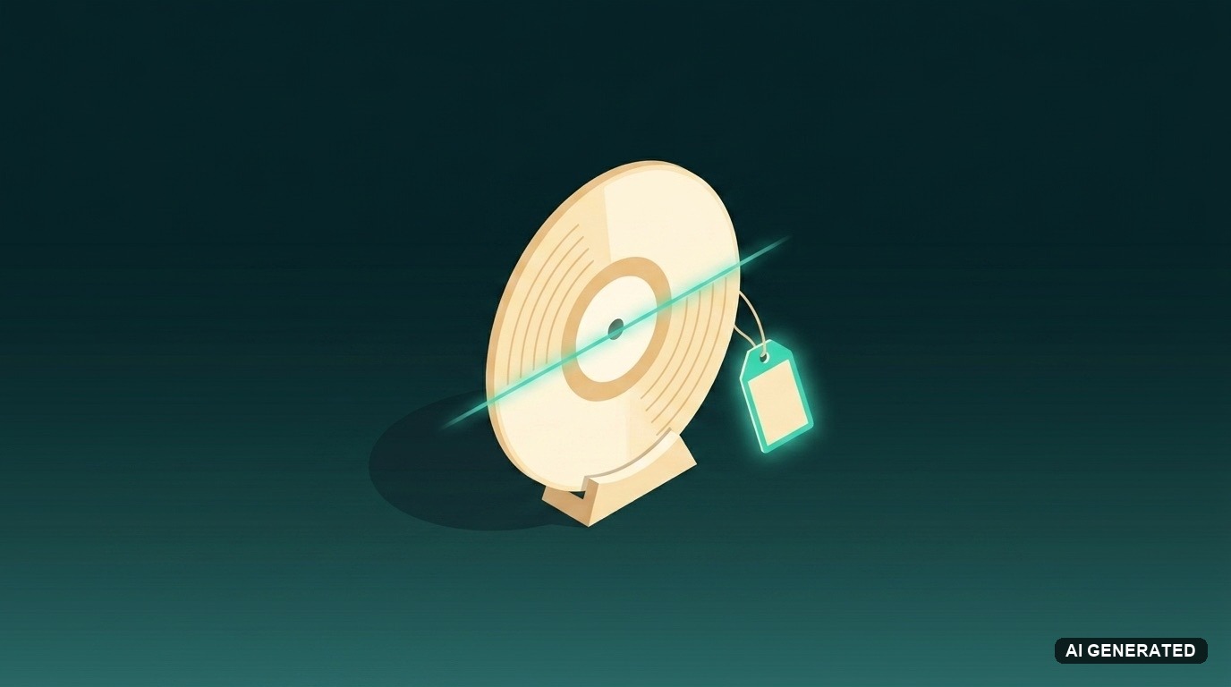 Flat illustration of a cream vinyl record under a teal scan line with a blank teal classification tag attached
