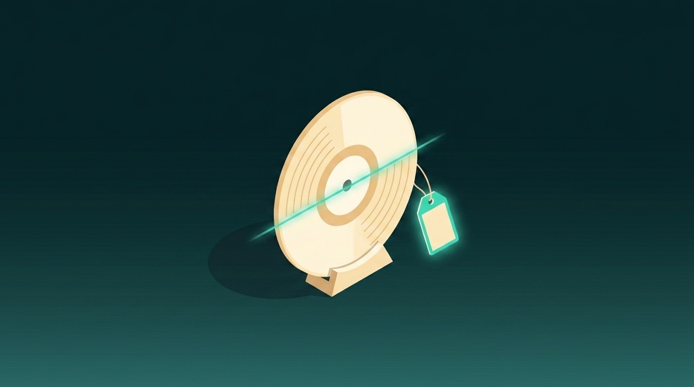 Flat illustration of a cream vinyl record under a teal scan line with a blank teal classification tag attached