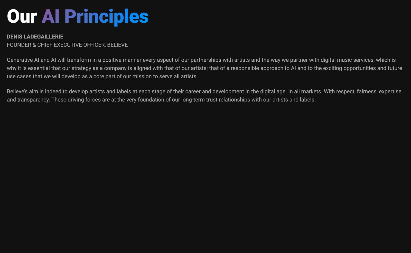 TuneCore's AI page showing Believe's four AI principles with a statement from founder and CEO Denis Ladegaillerie