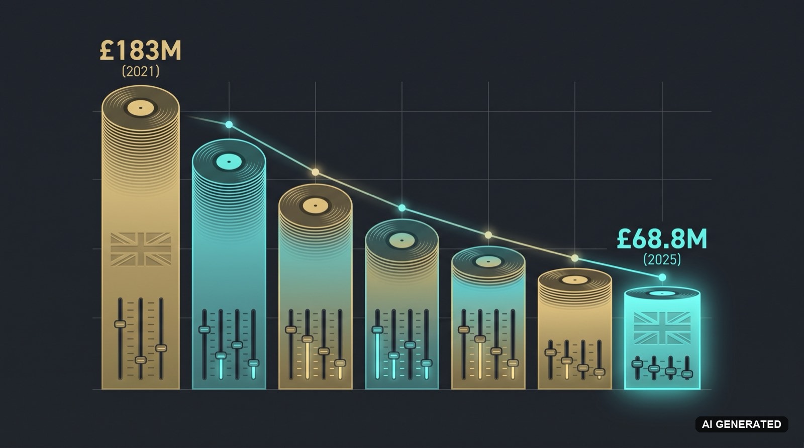 Descending bar chart of vinyl-record stacks showing UK music-tech funding falling from £183M in 2021 to £68.8M in 2025