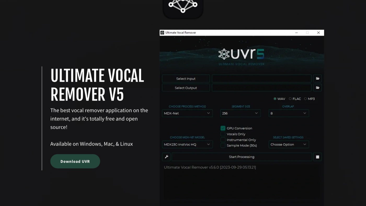 Ultimate Vocal Remover V5 homepage with the free download button beside the UVR5 desktop app window showing MDX-Net process method, MDX23C-InstVoc HQ model and GPU Conversion enabled