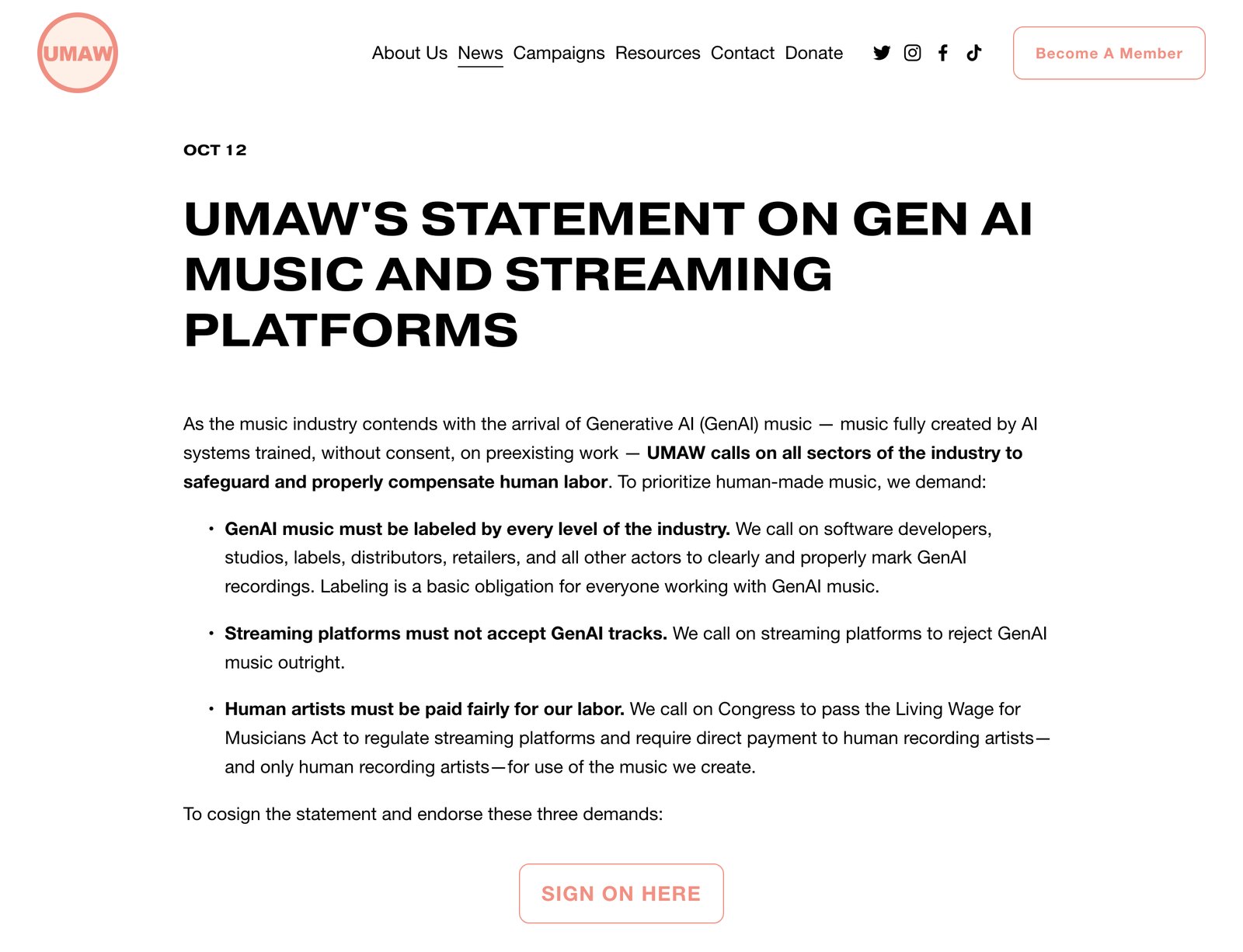 UMAW's October 12, 2026 statement listing its 3 demands on GenAI music and streaming
