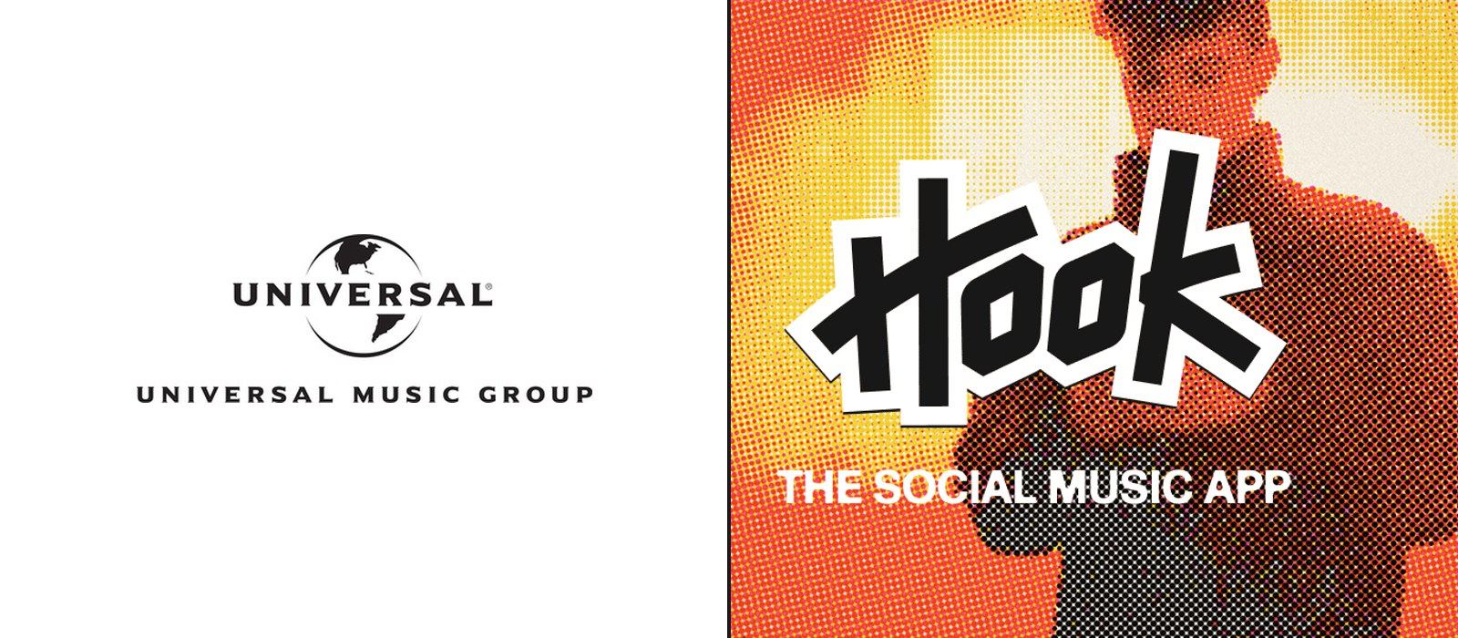 Universal Music Group logo beside the Hook social music app logo on a split panel.