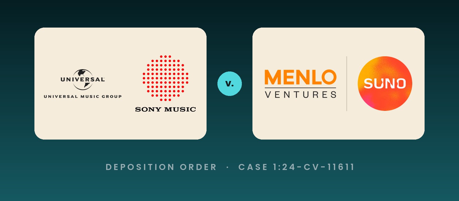 Universal Music Group and Sony Music logos facing the Menlo Ventures and Suno logos across a v. mark