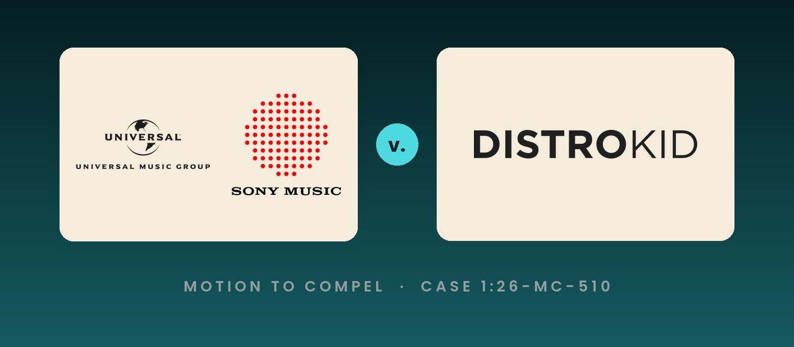 Universal Music Group and Sony Music logos facing the DistroKid logo across a v. mark