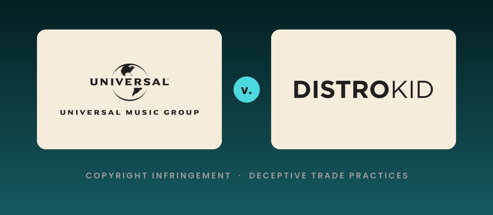 Universal Music Group and DistroKid logos either side of a v. mark, over the two claims in the September 2026 lawsuit