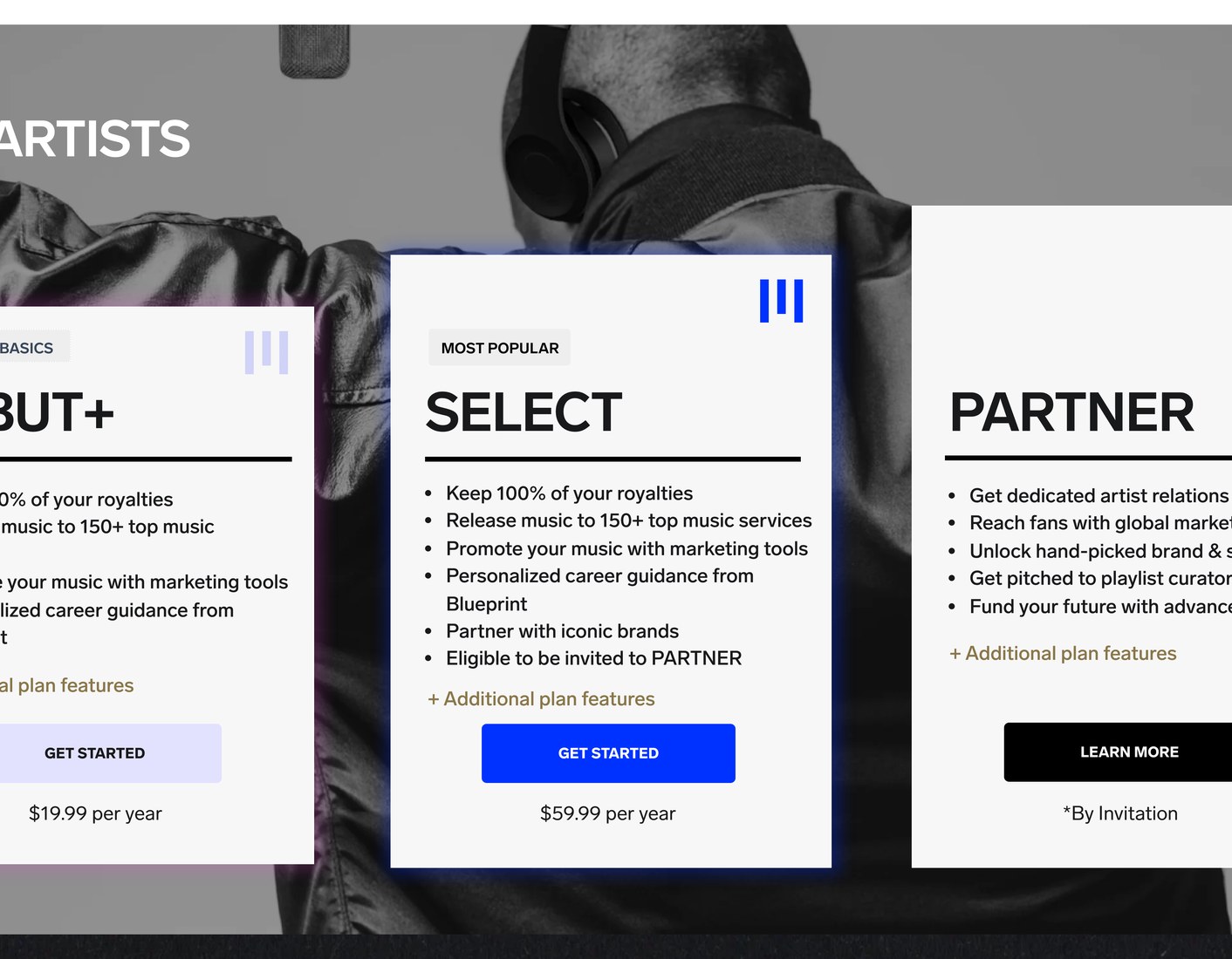 UnitedMasters pricing page showing the Debut Plus, Select and Partner plans, all keeping 100% of royalties