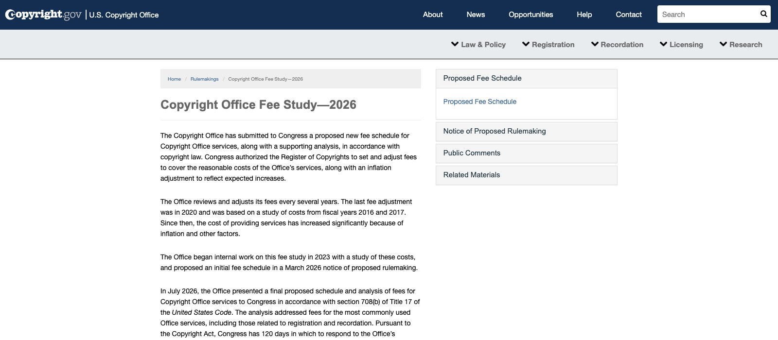 The US Copyright Office Fee Study 2026 page on copyright.gov, explaining the proposed fee schedule submitted to Congress