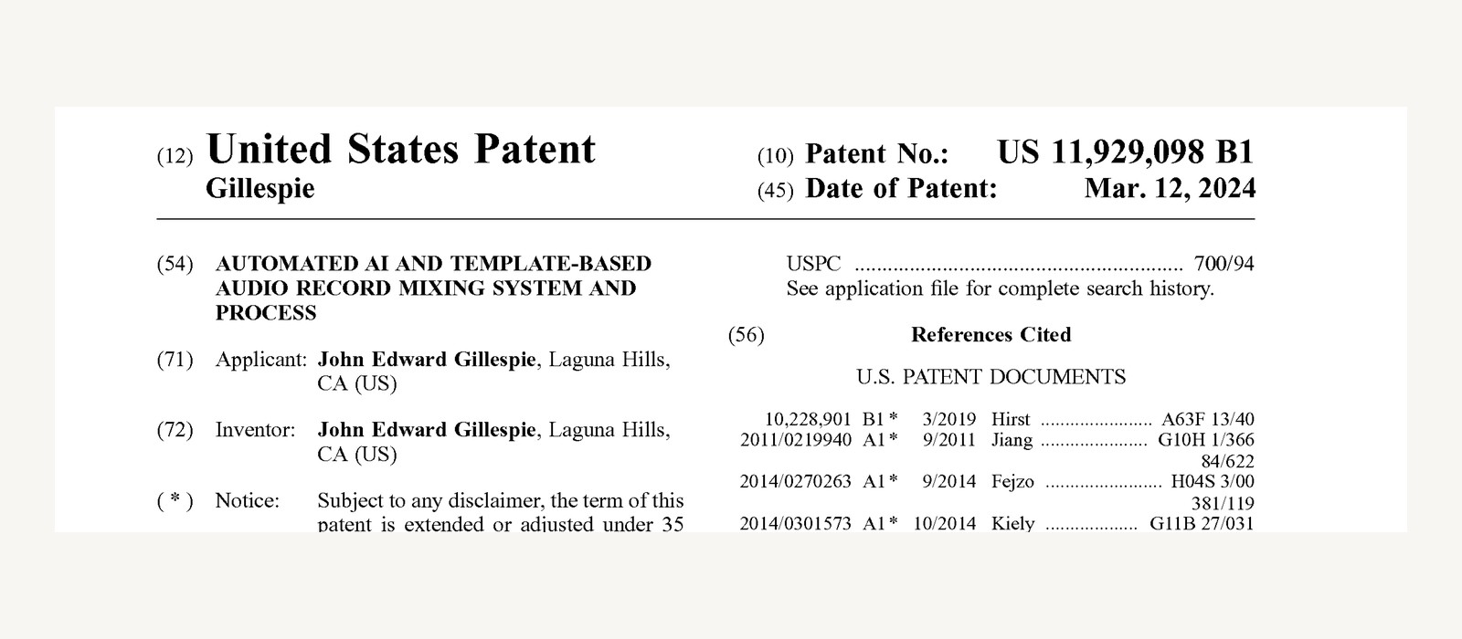 Front page of US Patent 11,929,098 showing the AI audio record mixing title, inventor John Edward Gillespie and the March 2024 grant date