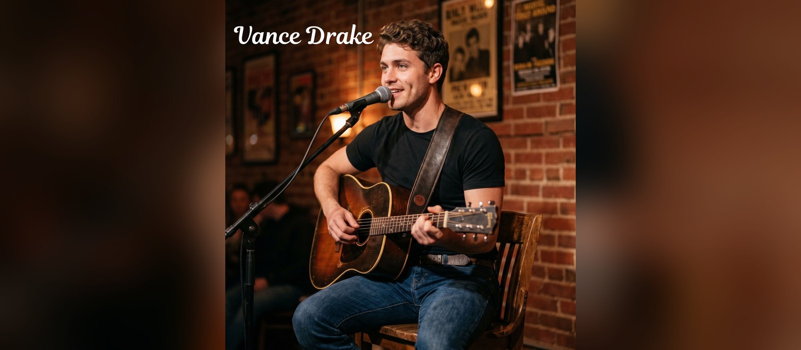 Artwork for Vance Drake, the AI-generated singer Nashville songwriter Chris Gray created, shown with an acoustic guitar