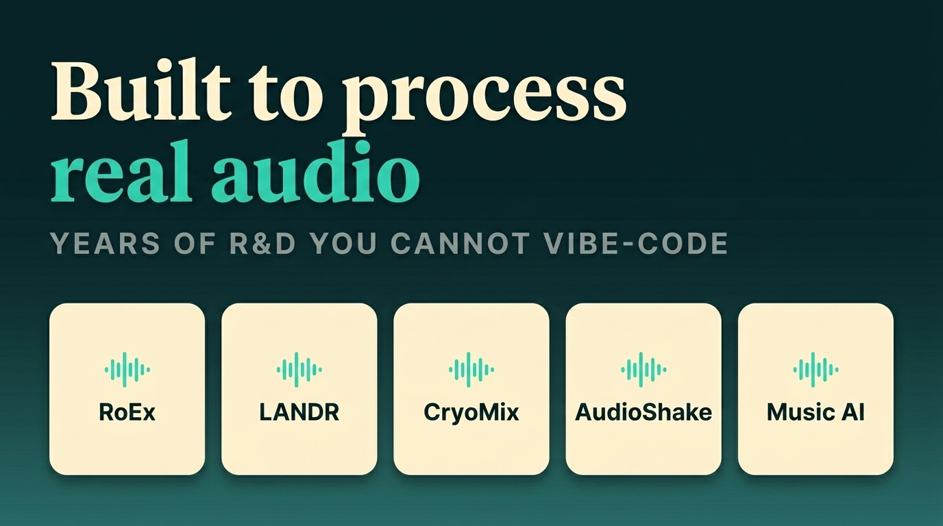 Branded card row naming RoEx, LANDR, CryoMix, AudioShake and Music AI as companies that built models to process real audio, not instrument labels
