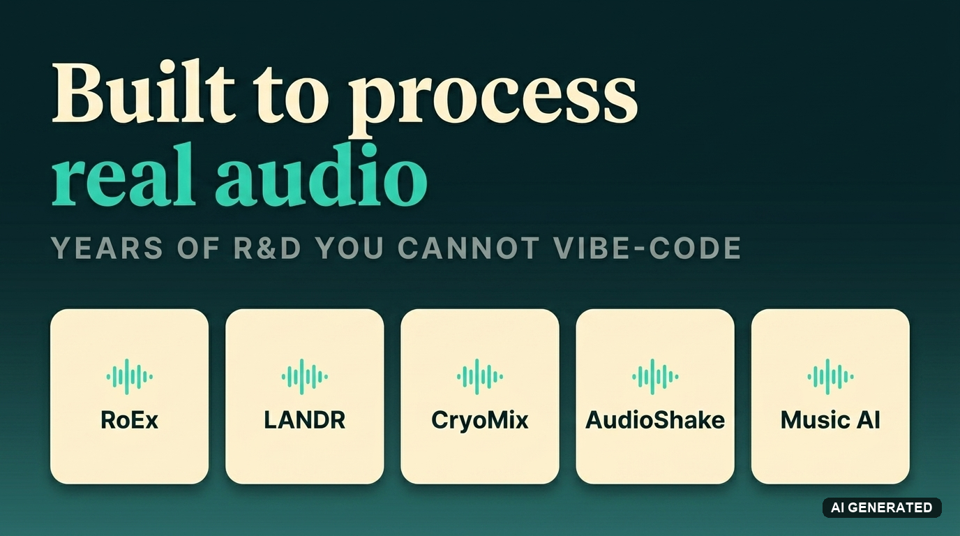 Branded card row naming RoEx, LANDR, CryoMix, AudioShake and Music AI as companies that built models to process real audio, not instrument labels