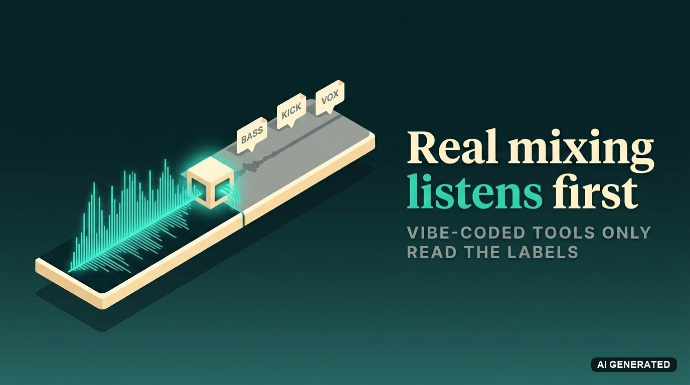 An isometric audio waveform split in two: the live half glows teal feeding an audio model, the dead half flattens to grey with BASS, KICK and VOX label tags, contrasting real audio analysis with vibe-coded AI mixing tools