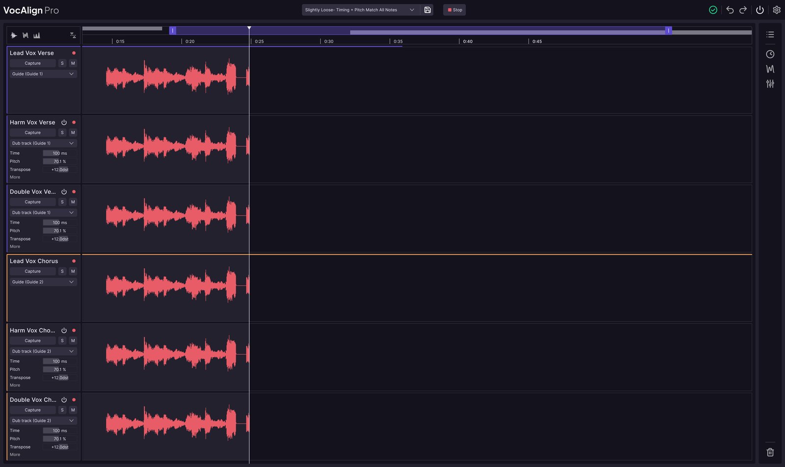 VocAlign 7 Pro capturing six vocal tracks in one real-time pass in a non-ARA DAW