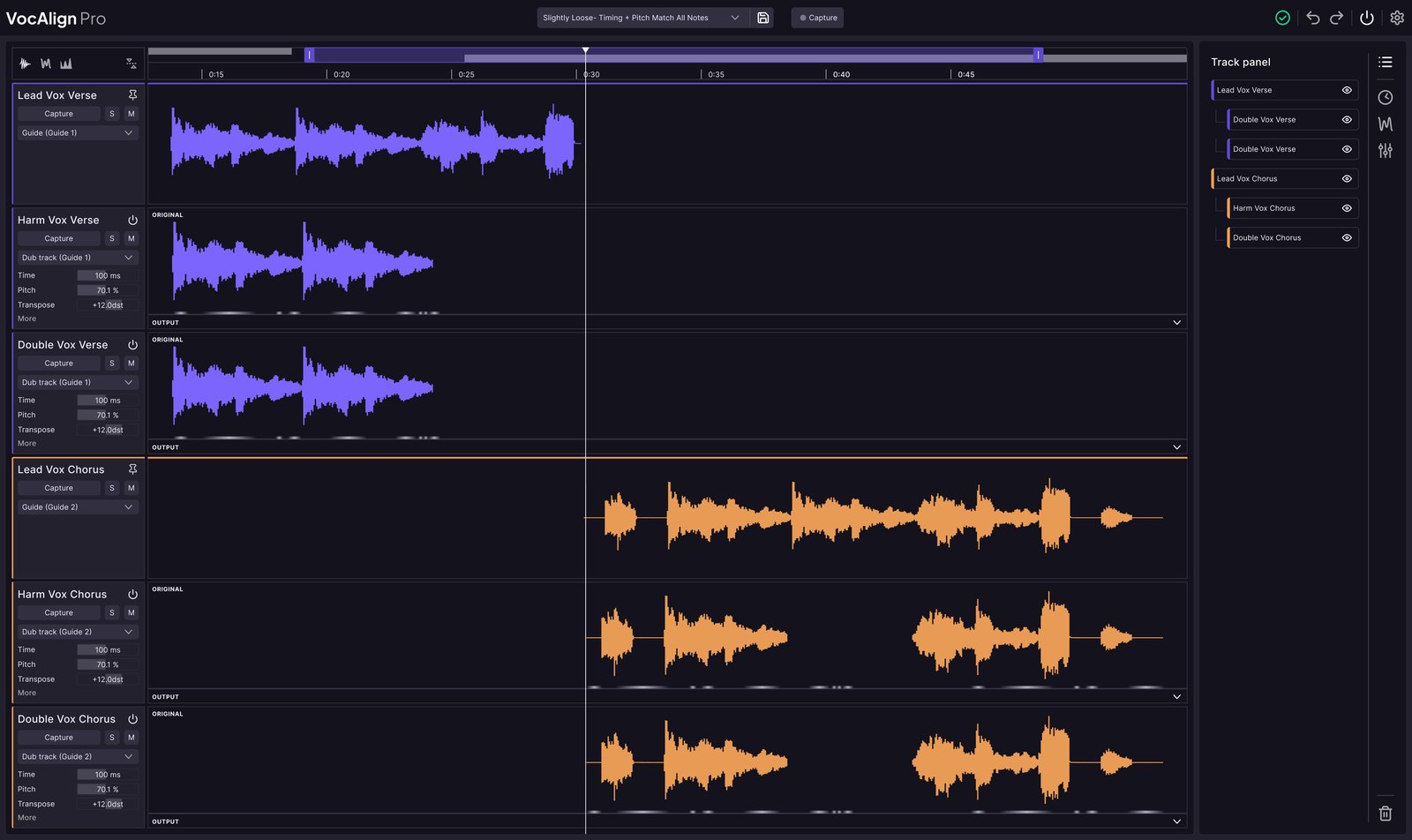 VocAlign 7 Pro multi-track view with guide and dub vocal tracks aligned in one window