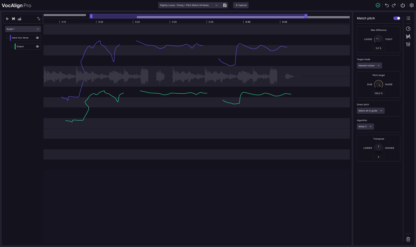 VocAlign 7 Pro pitch view showing SmartPitch matching dub notes to the guide vocal