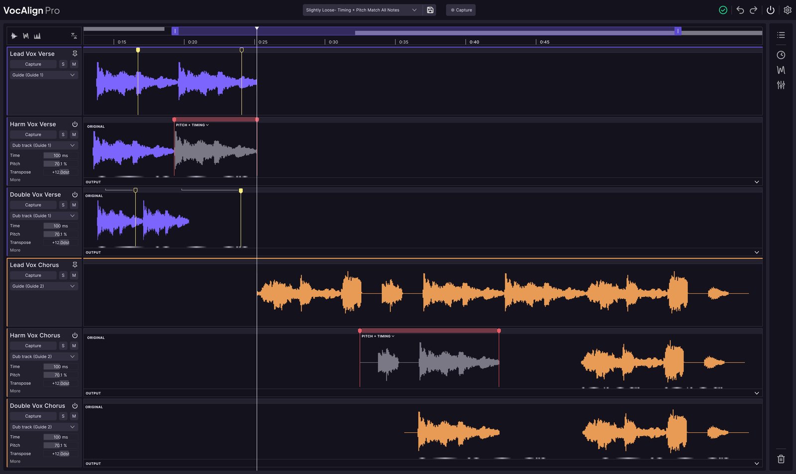 VocAlign 7 Pro Sync Points and Protected Areas marked on a dub vocal waveform