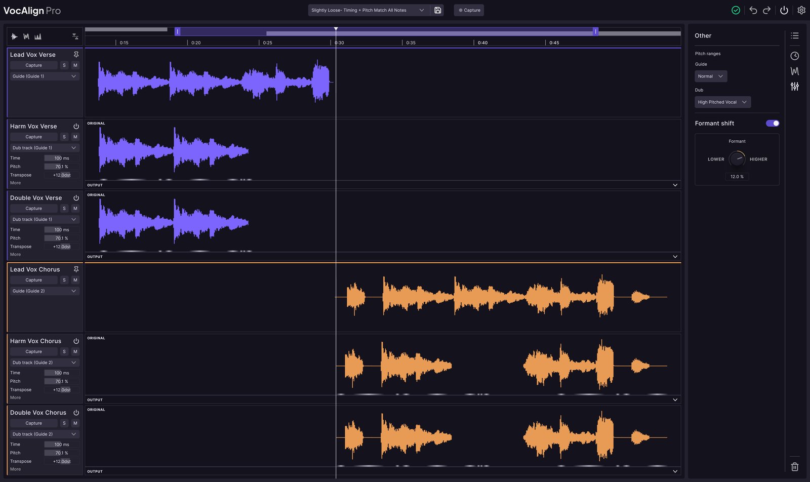 VocAlign 7 Pro with two guide tracks for verse and chorus and the formant shift panel open