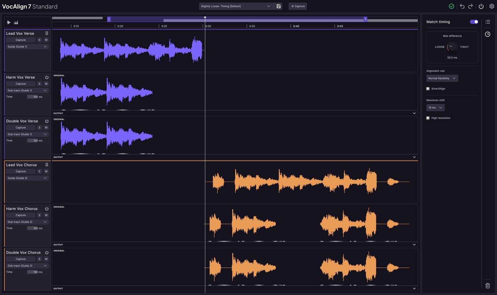 VocAlign 7 Standard timing panel with tightness control for every dub track