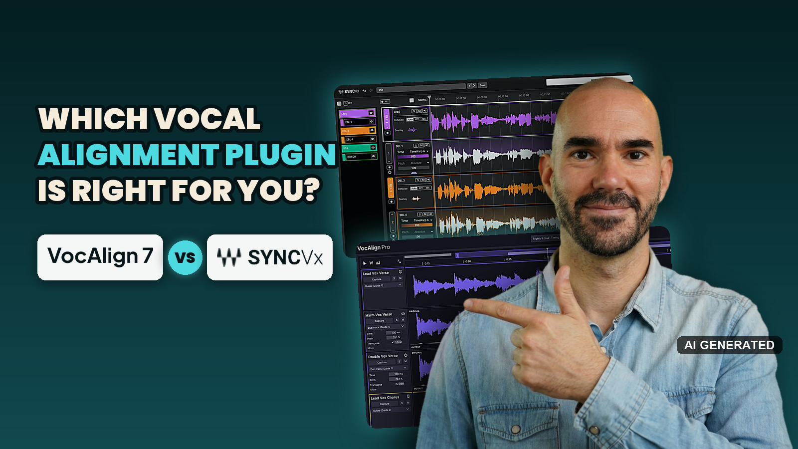 Chris Wieduwilt pointing at the question which vocal alignment plugin is right for you, with VocAlign 7 and Sync Vx screenshots behind
