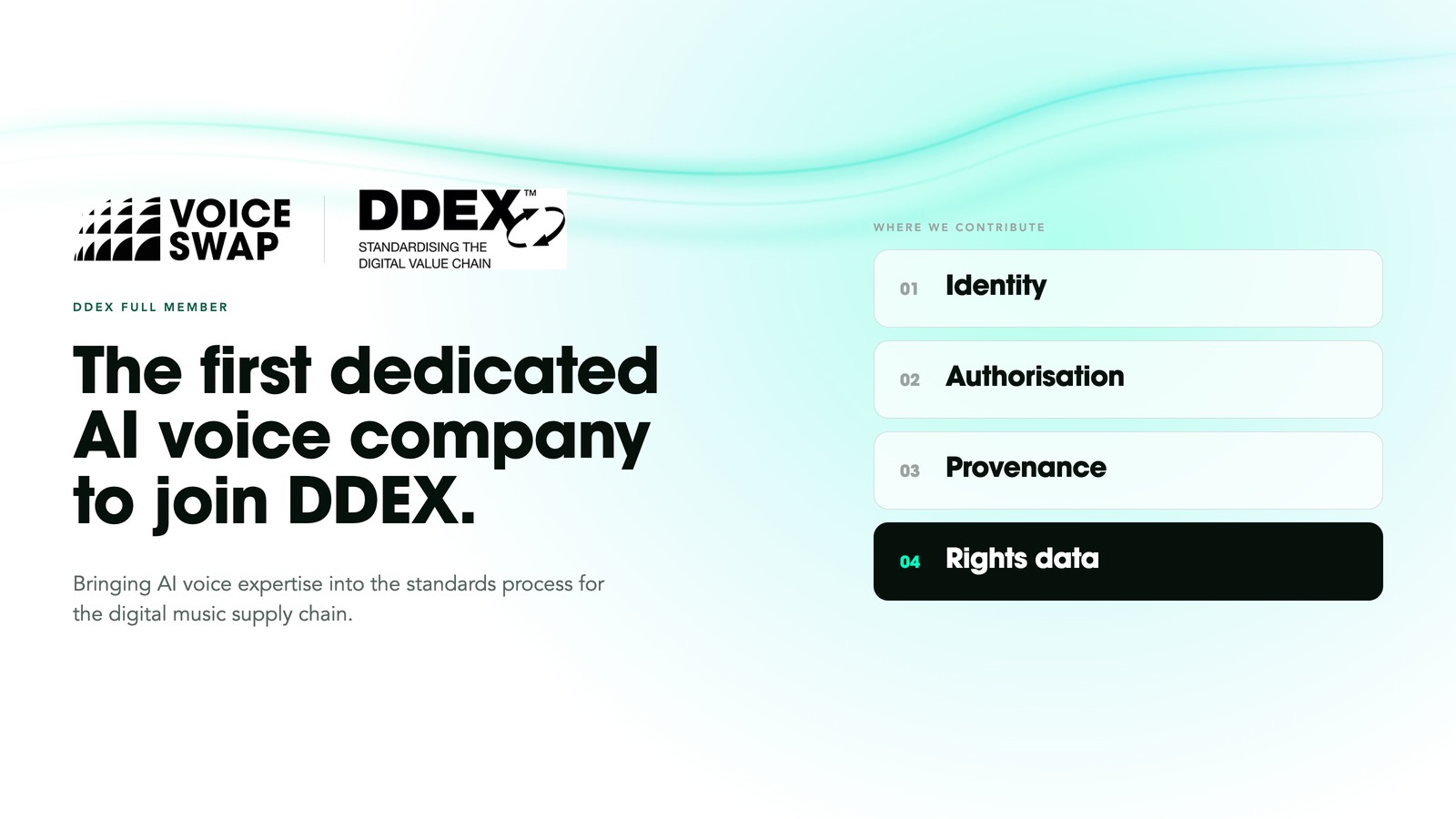 Voice-Swap graphic listing its four DDEX focus areas: identity, authorisation, provenance and rights data