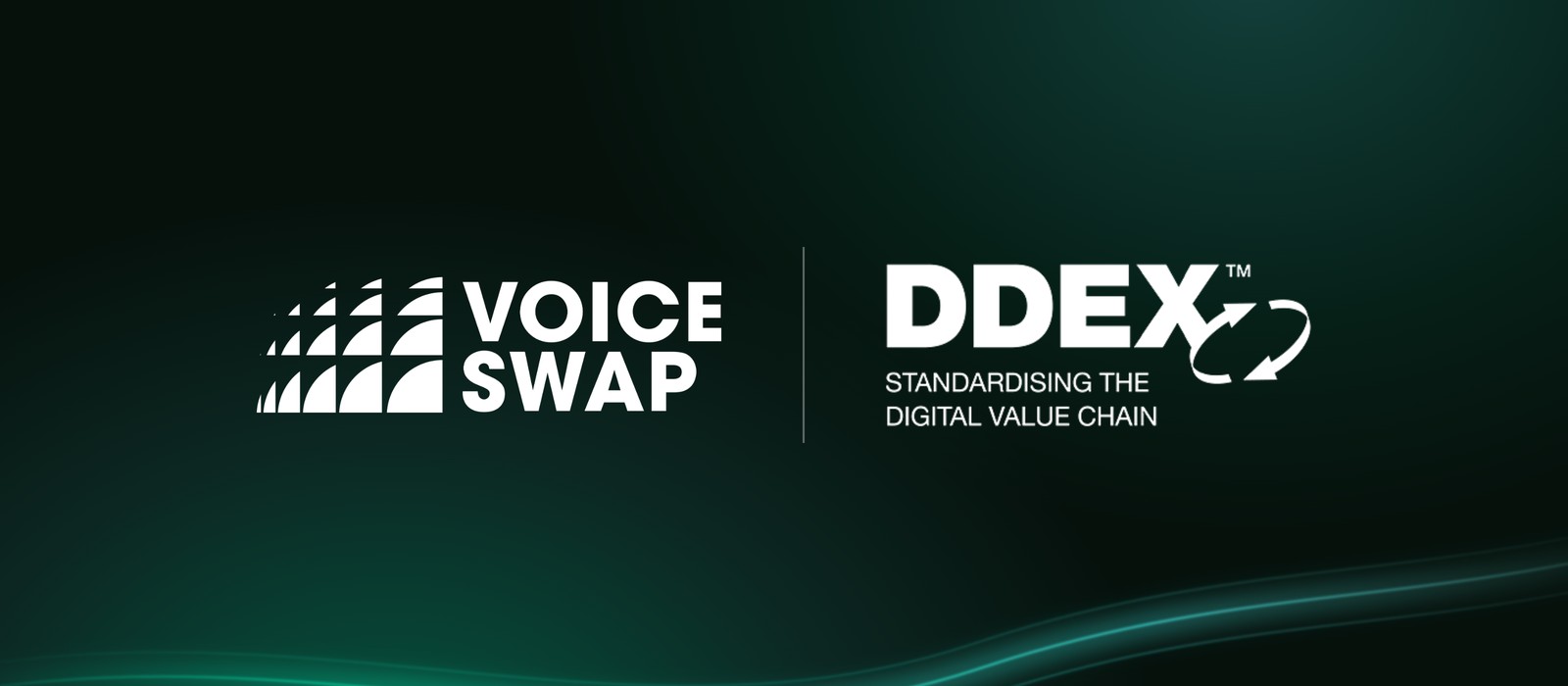 Voice-Swap and DDEX logos side by side on a dark green background, from Voice-Swap's DDEX Full Member announcement