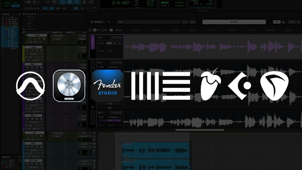 Waves Sync Vx promo image with Pro Tools, Logic, Fender Studio, Ableton, FL Studio, Cubase and REAPER logos